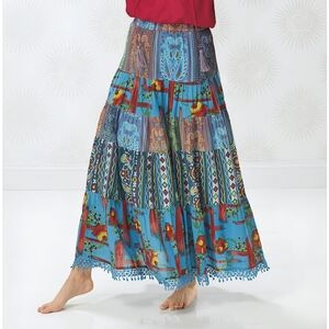 The Pyramid Collection Boho Patchwork Blue Red Tiered Skirt